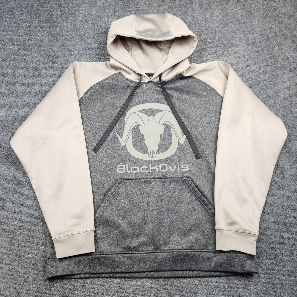 BlackOvis Hoodie‎ Mens XL Gray Tan Ram Logo Pullover Sweatshirt Hunting Outdoor